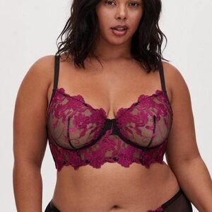 Torrid Curve Black Magenta Two Tone Floral Embroidered Mesh Underwire Bralette